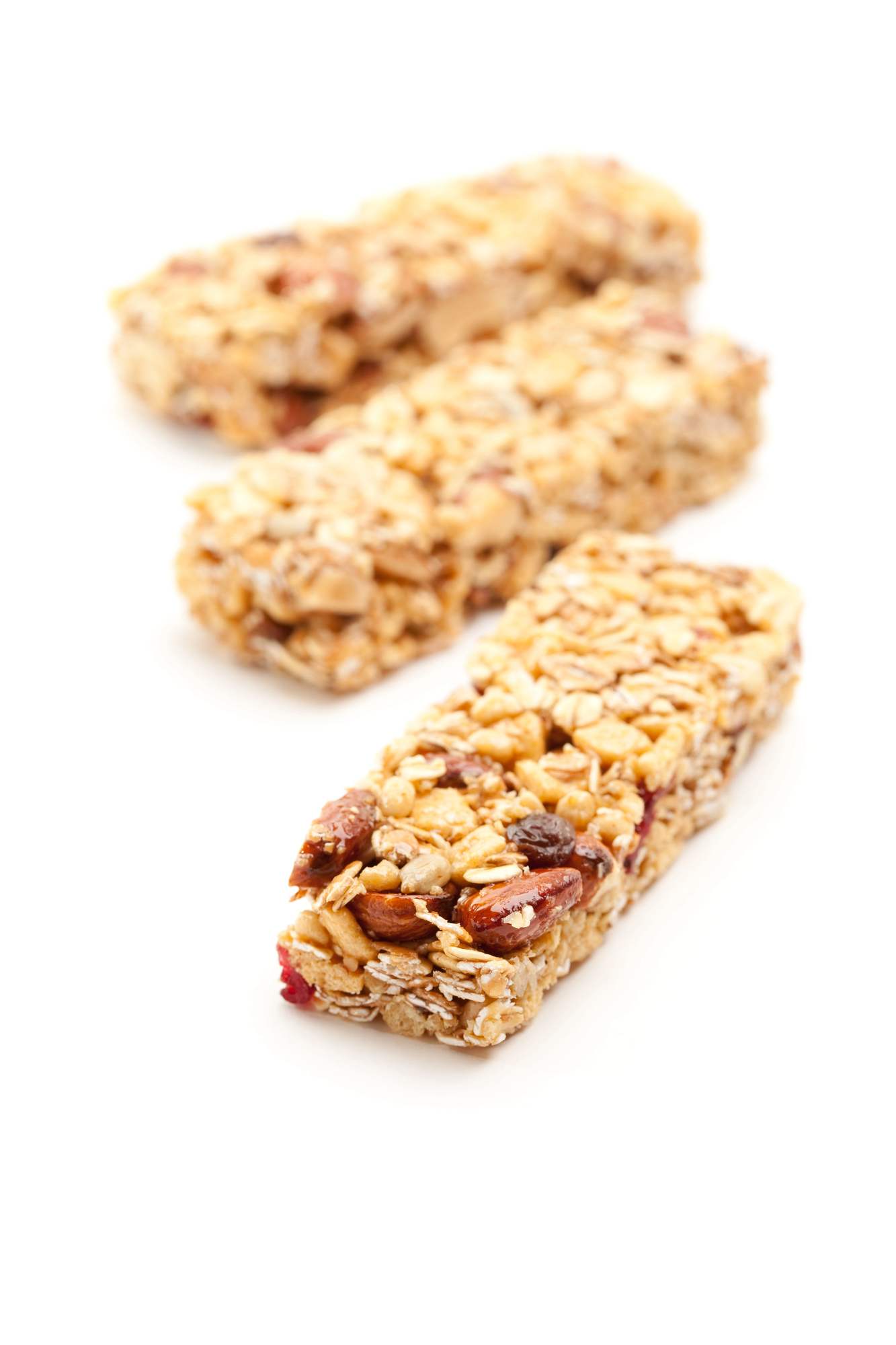 Three granola bars with nuts and dried fruit
