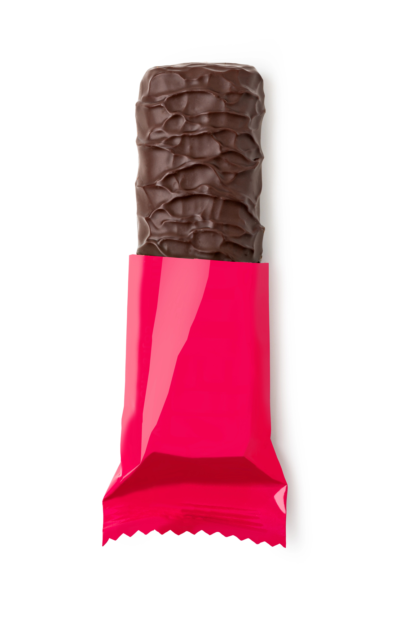 Chocolate bar with dark ridged top and bright pink wrapper