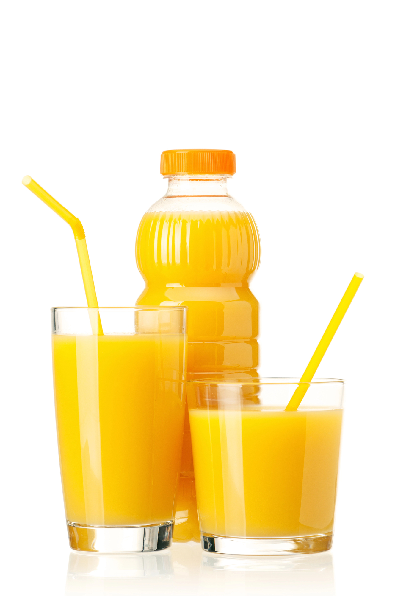 Orange juice in bottle and two glasses with straws