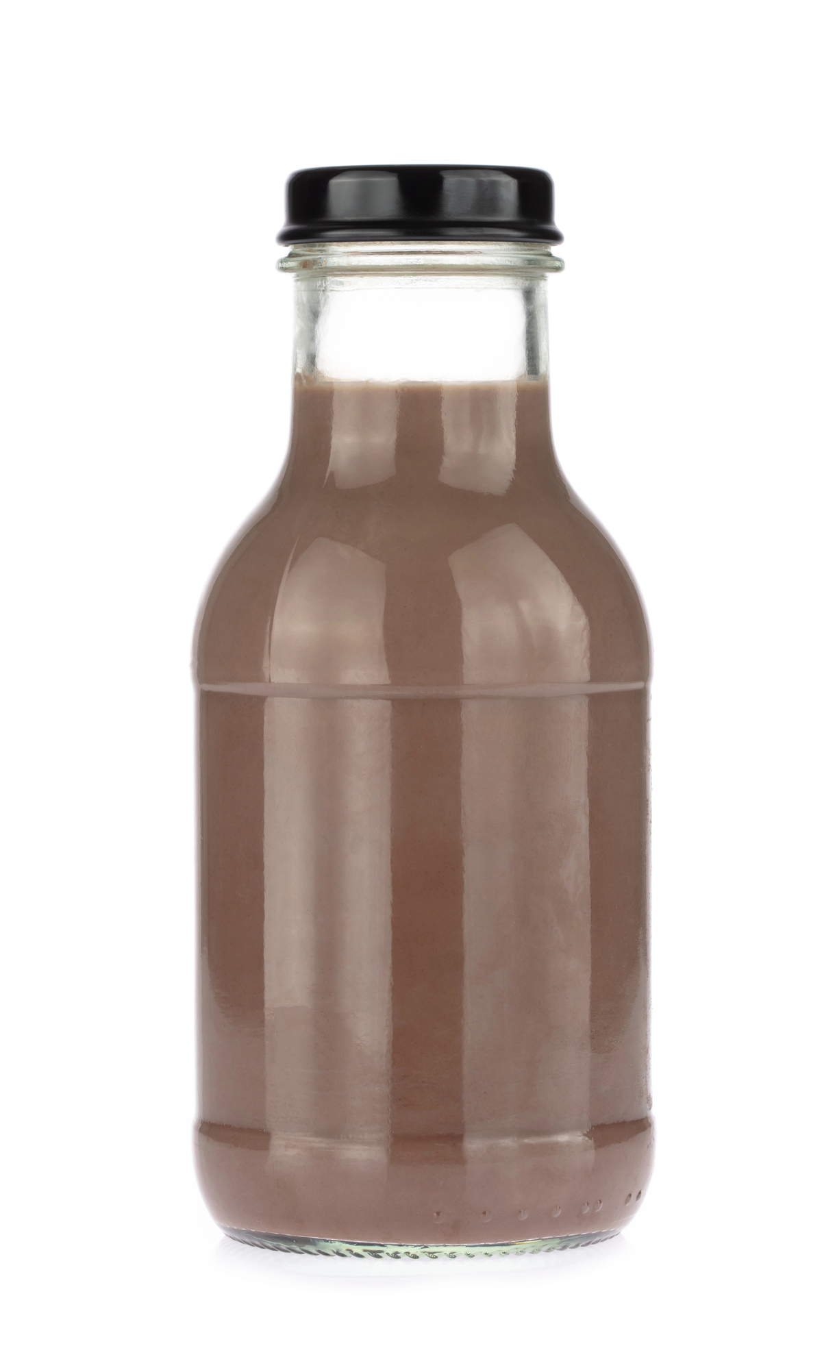 Chocolate sauce in clear glass bottle with black cap