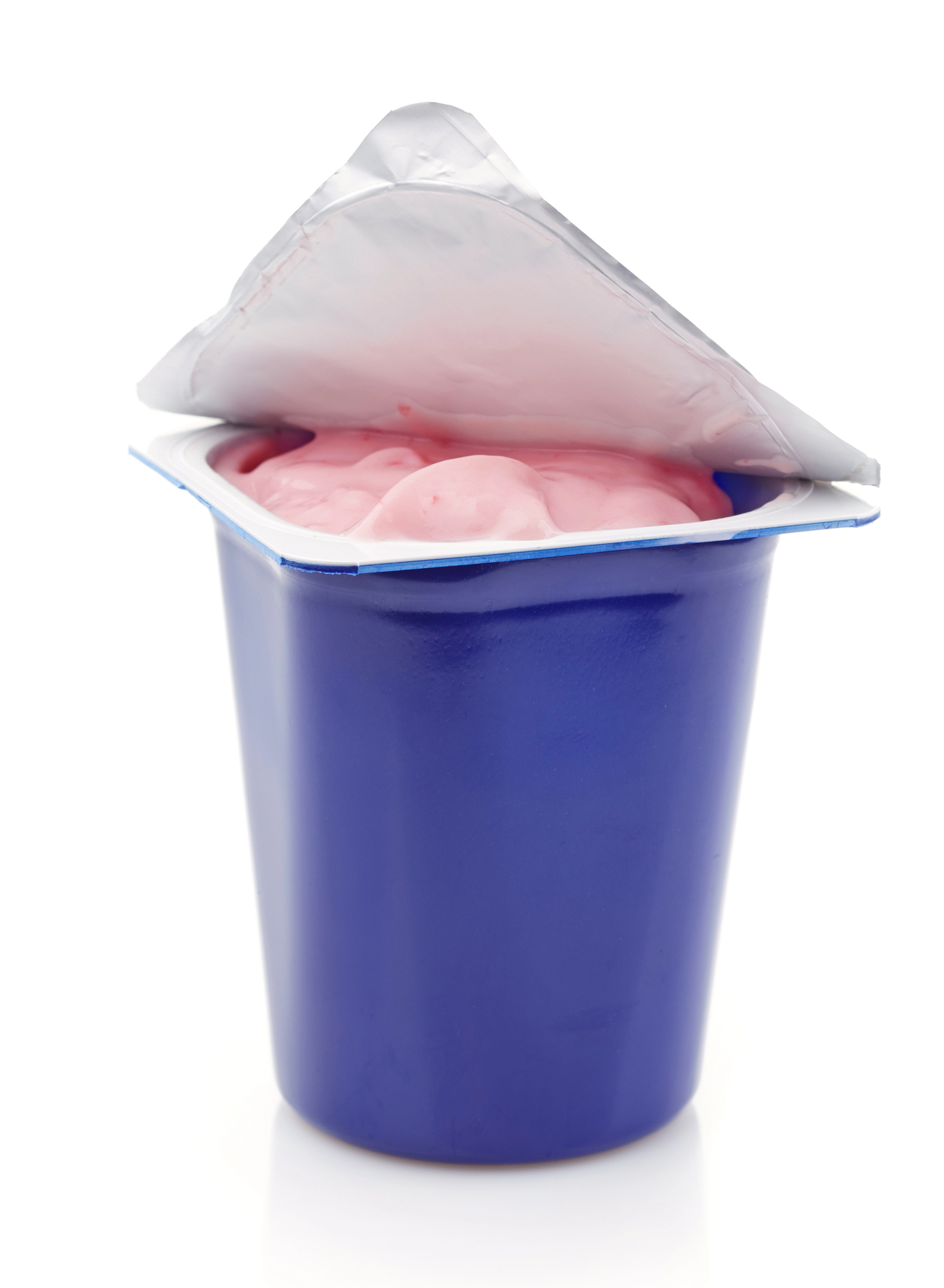 Pink berry yogurt in blue plastic pot