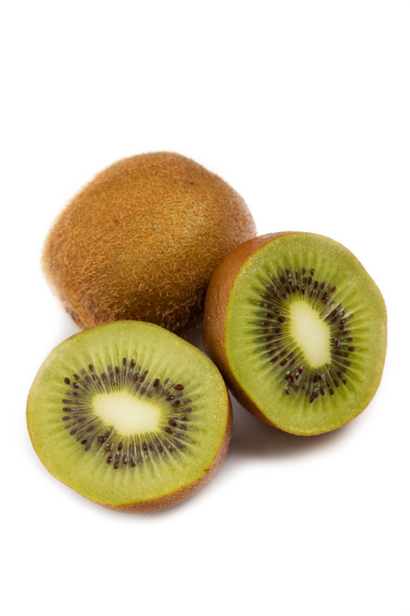 Whole kiwi fruit and two kiwi halves