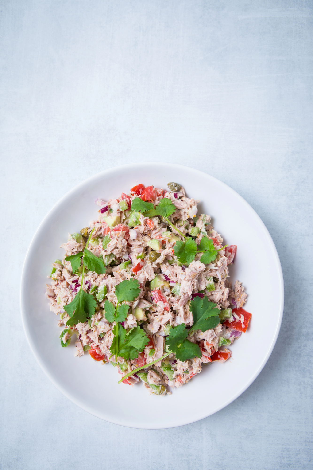Tuna salad with tomatoes and red onions on white plate