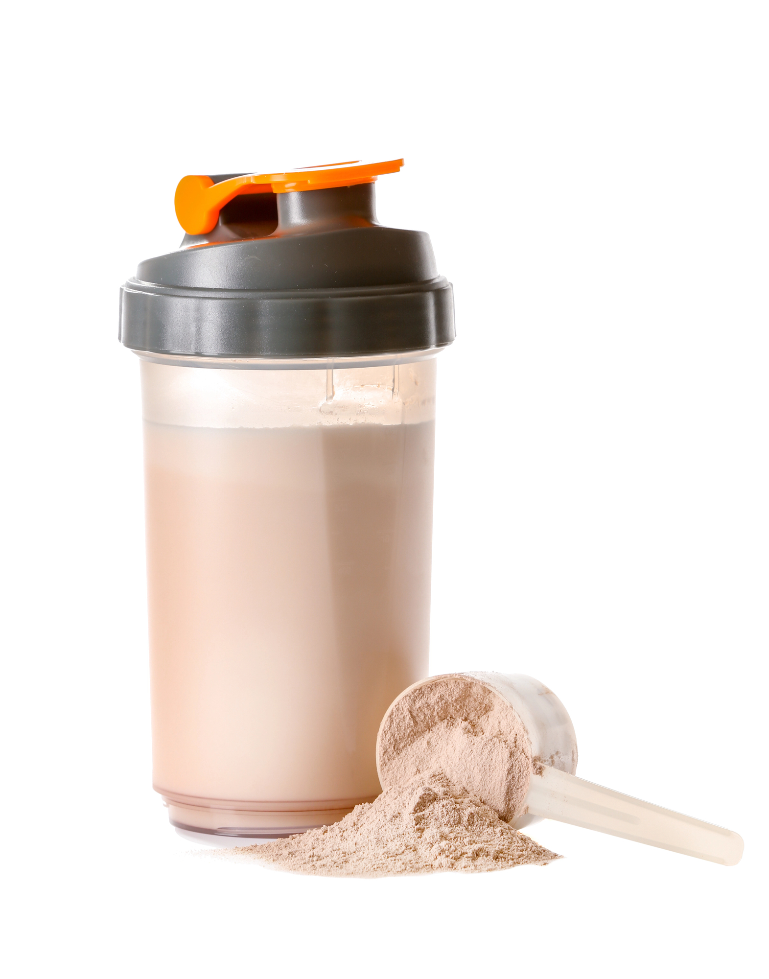 Protein shake in clear bottle with orange cap