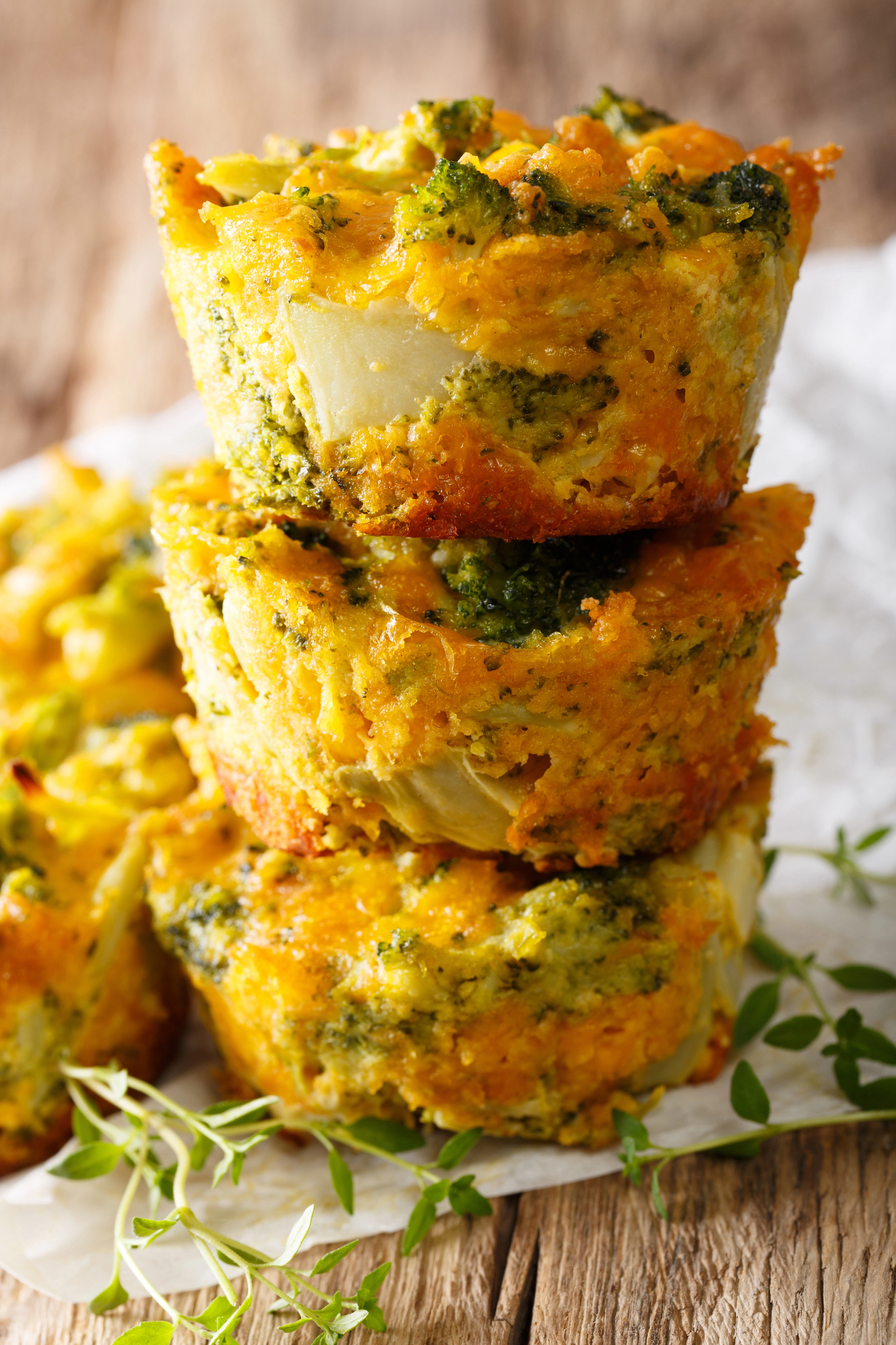 Three stacked broccoli and cheese muffins