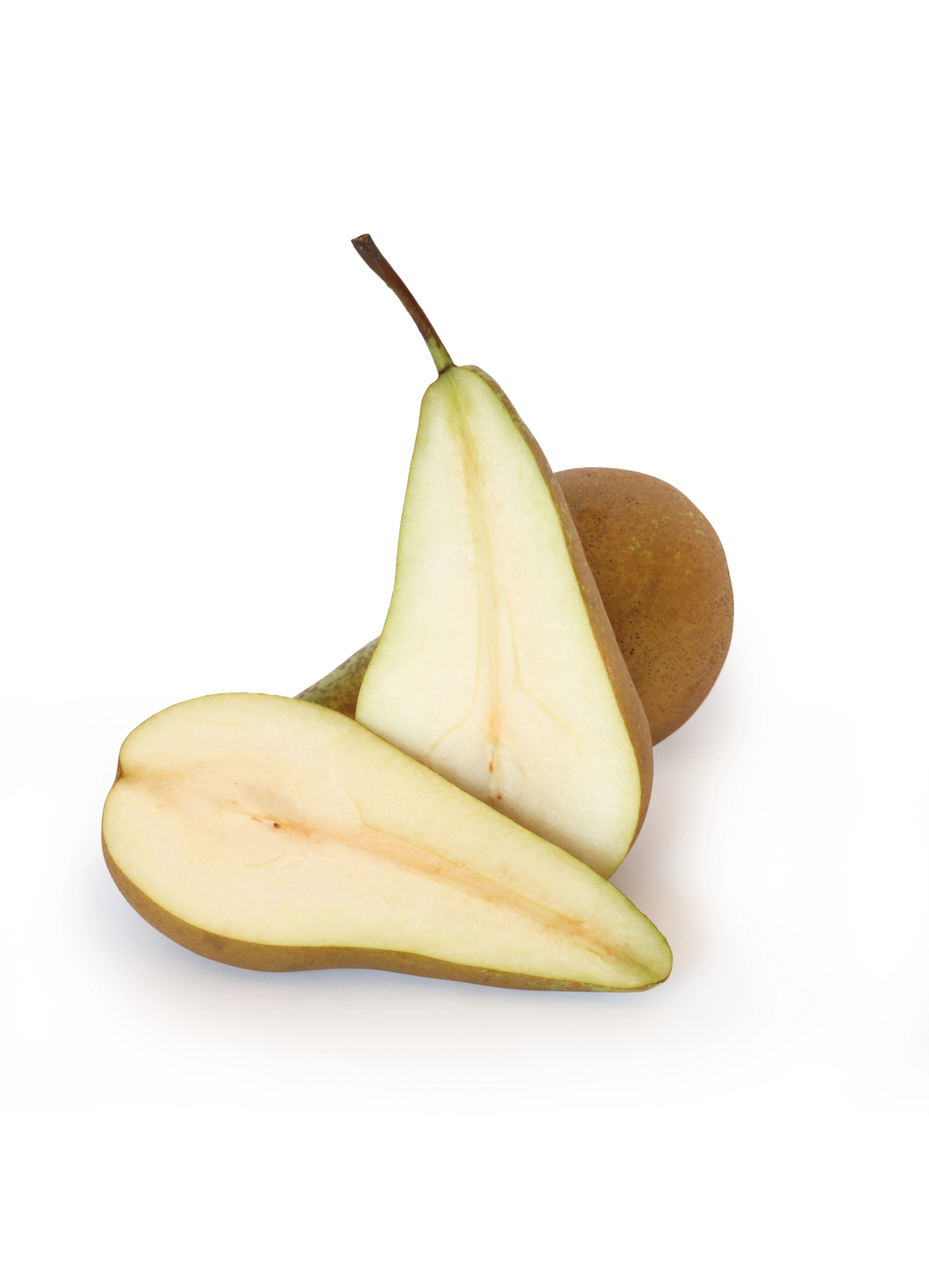 Pear halved and sliced showing white flesh