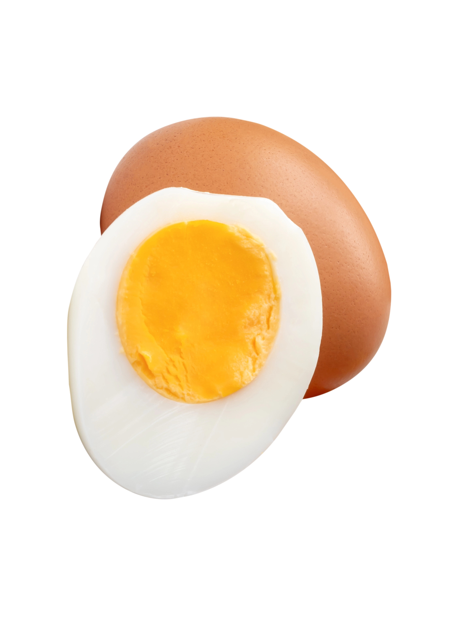 Halved boiled egg with yolk and brown shell