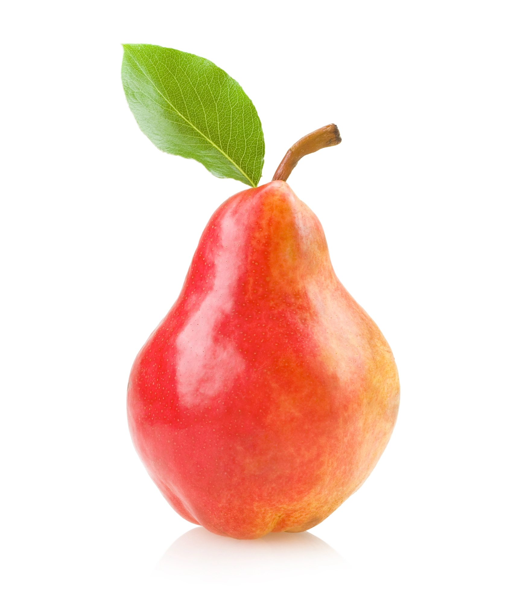 Whole red pear with green leaf and brown stem