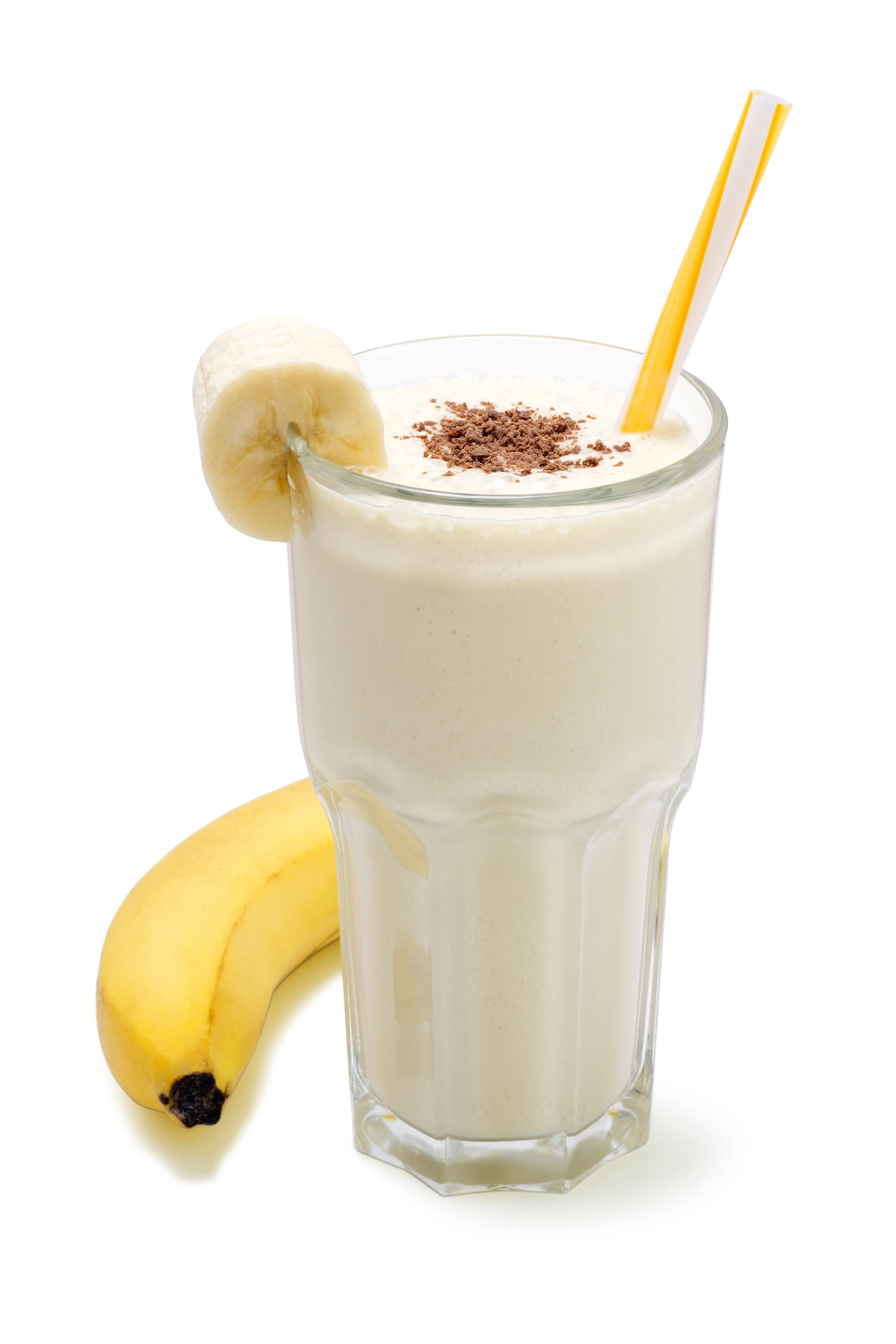 Banana chocolate smoothie with yellow straw