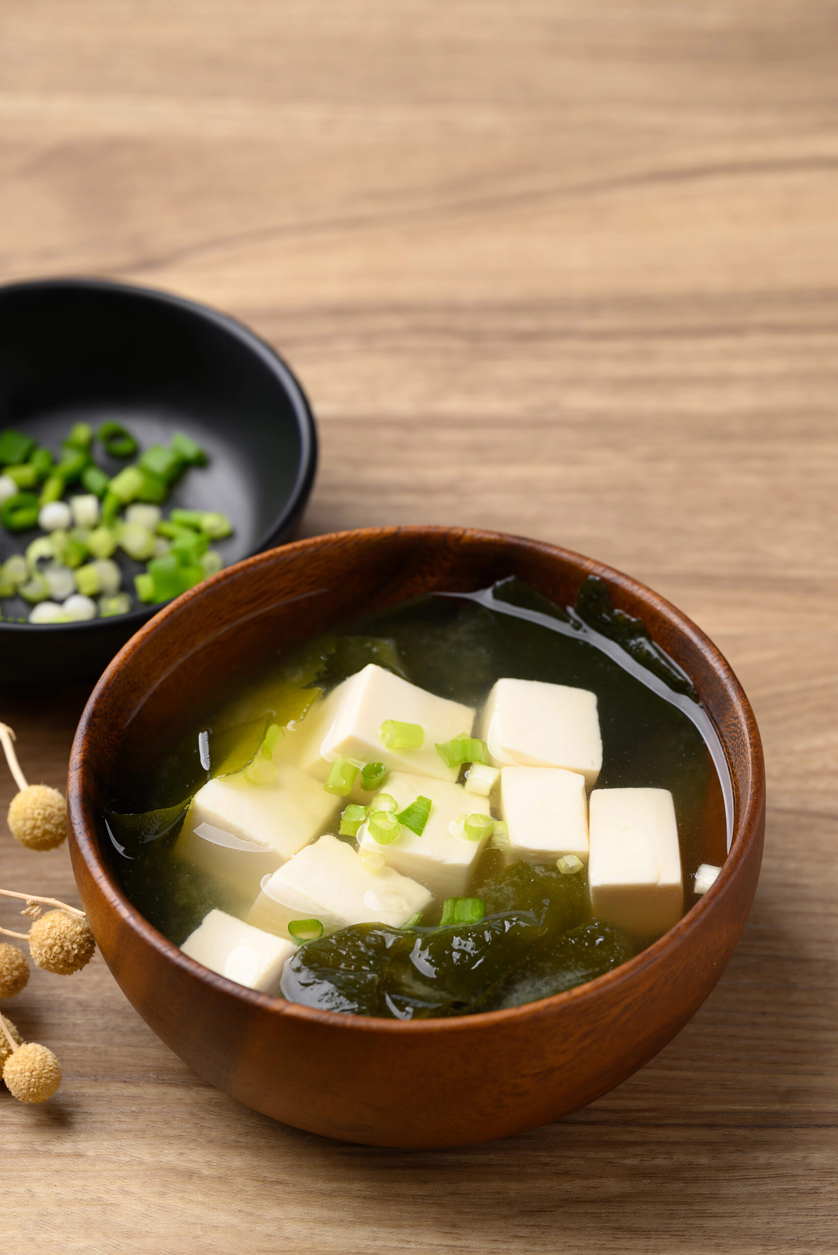 Miso soup with tofu wakame seaweed and spring onion