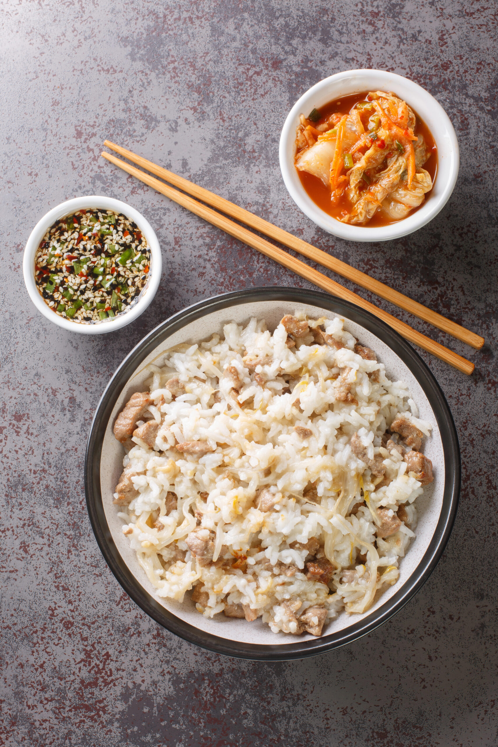 Kongnamul bap with soybean sprouts and rice in bowl
