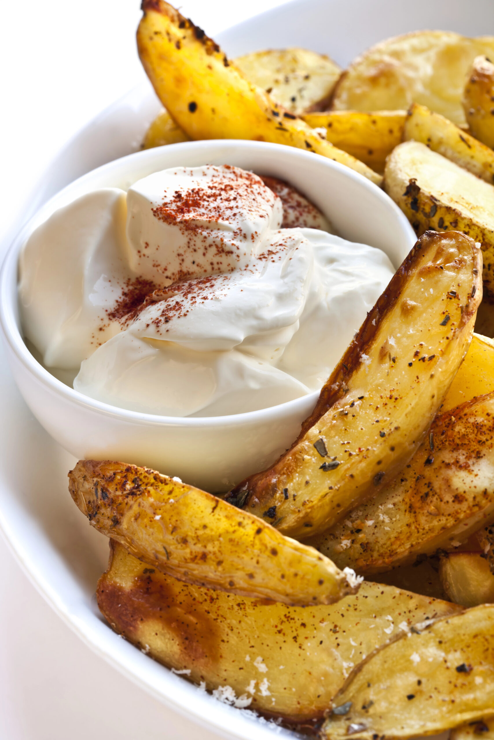 Crispy golden potato wedges with sour cream dip