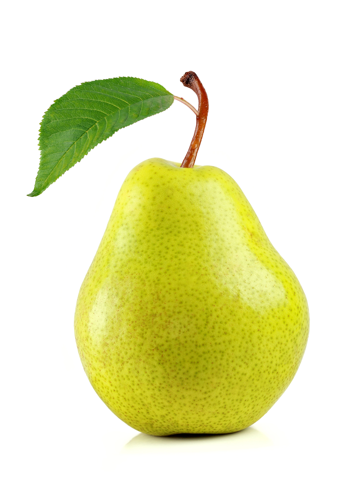 Whole yellow pear with green leaf and brown stem