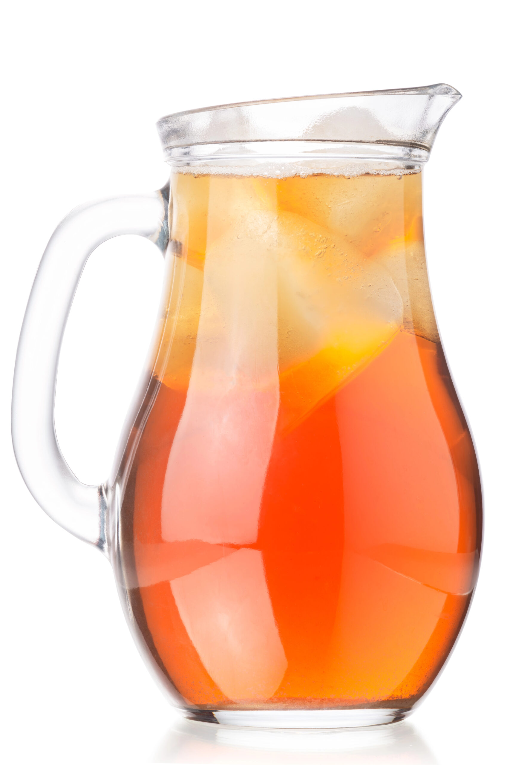 Glass pitcher of red and amber iced kombucha tea