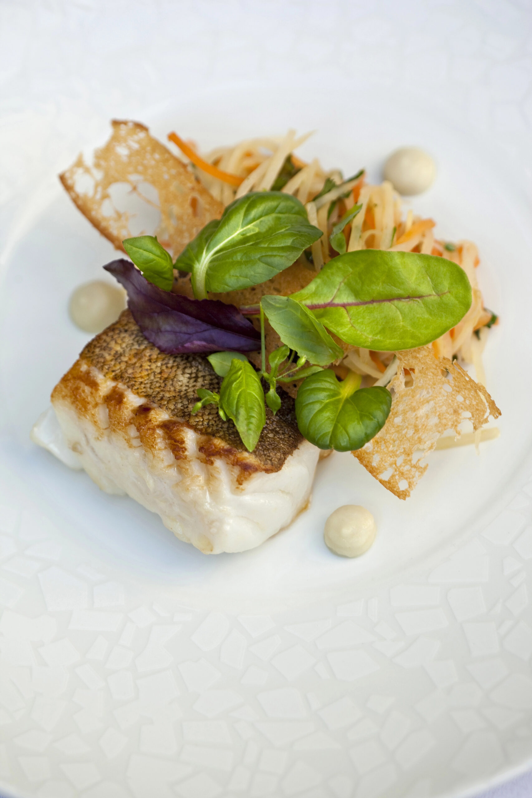Cooked cod fillet with crispy skin and basil leaves