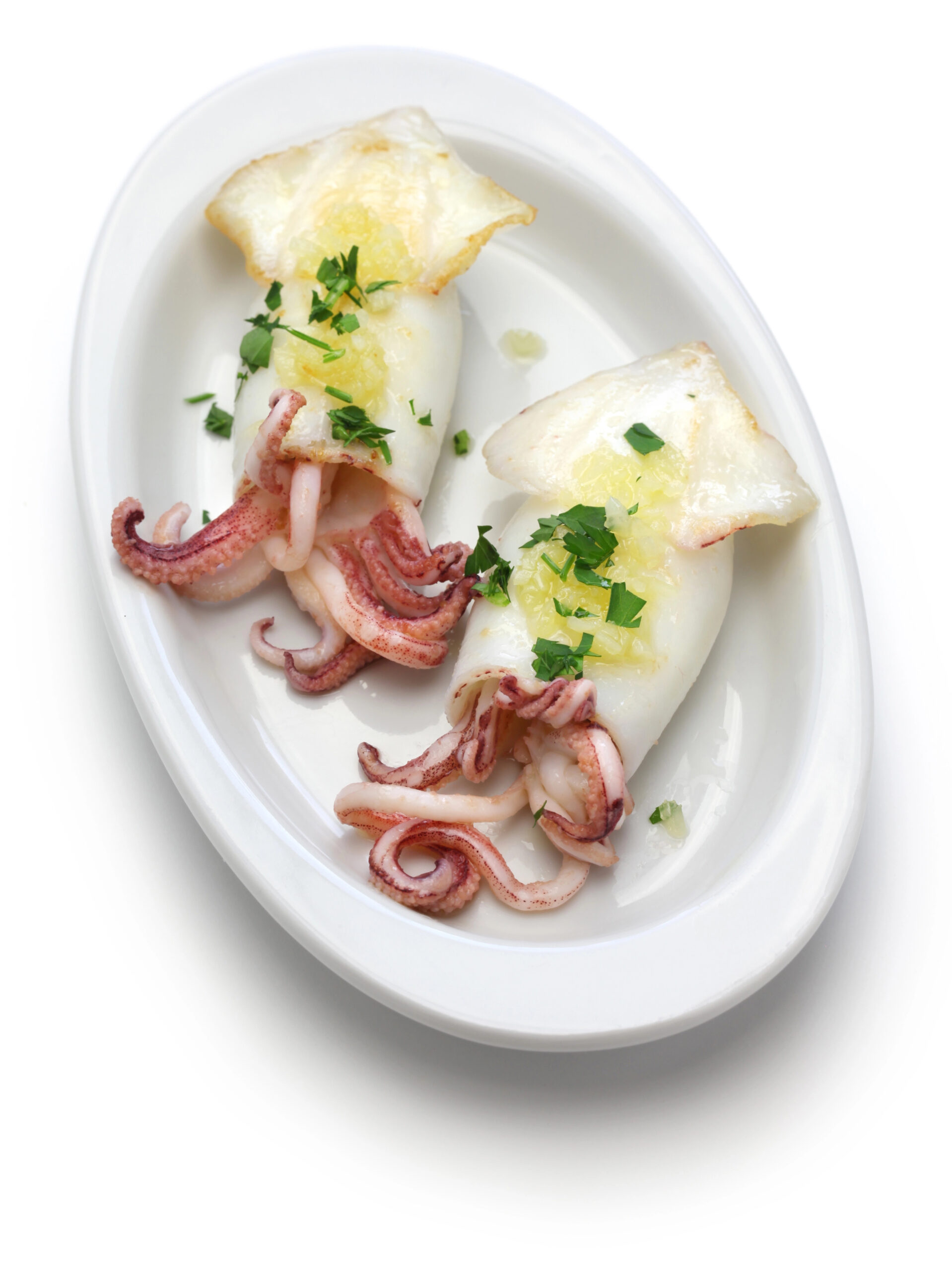 Grilled squid with bacon and green herbs on plate