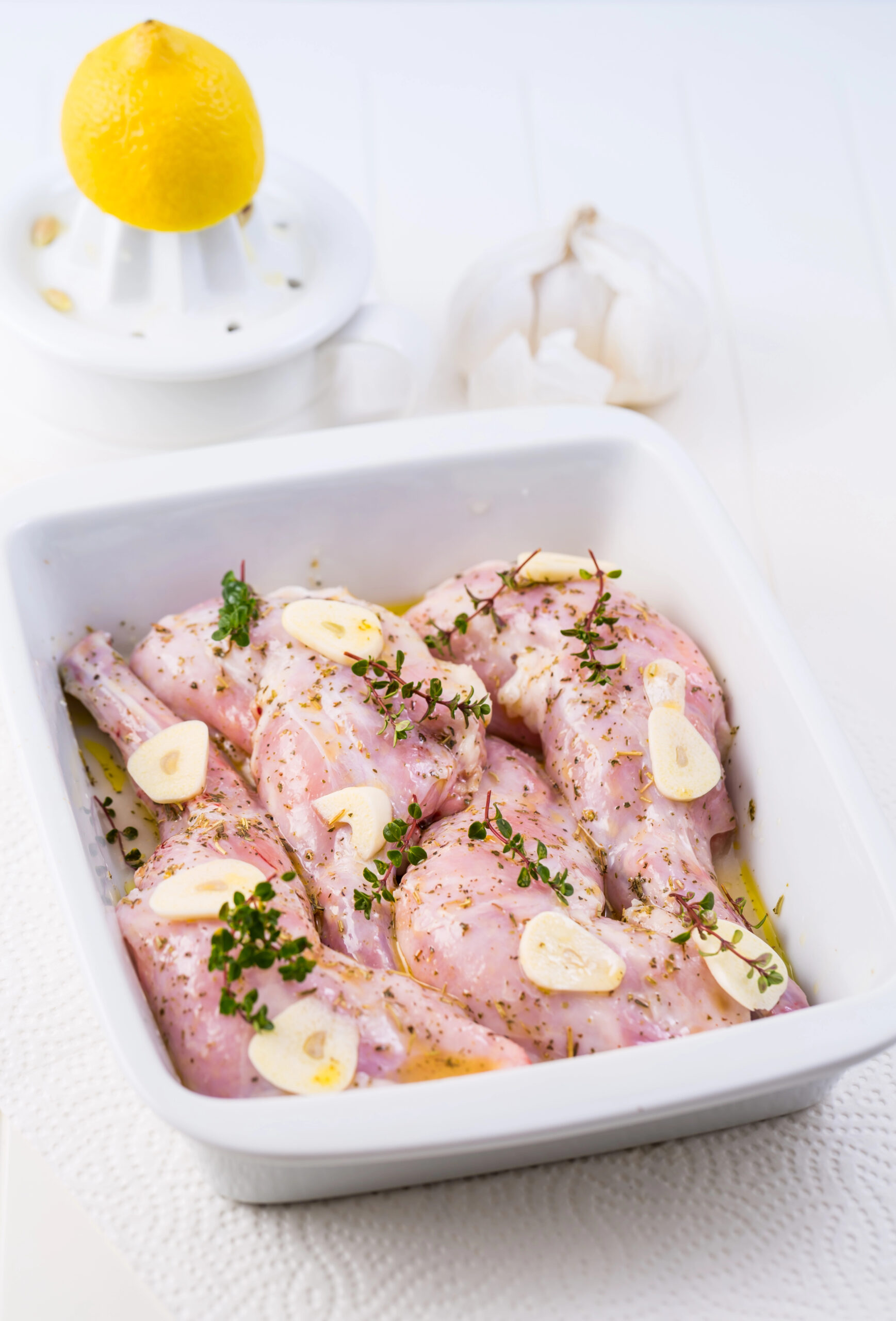 Raw marinated rabbit legs with garlic and herbs
